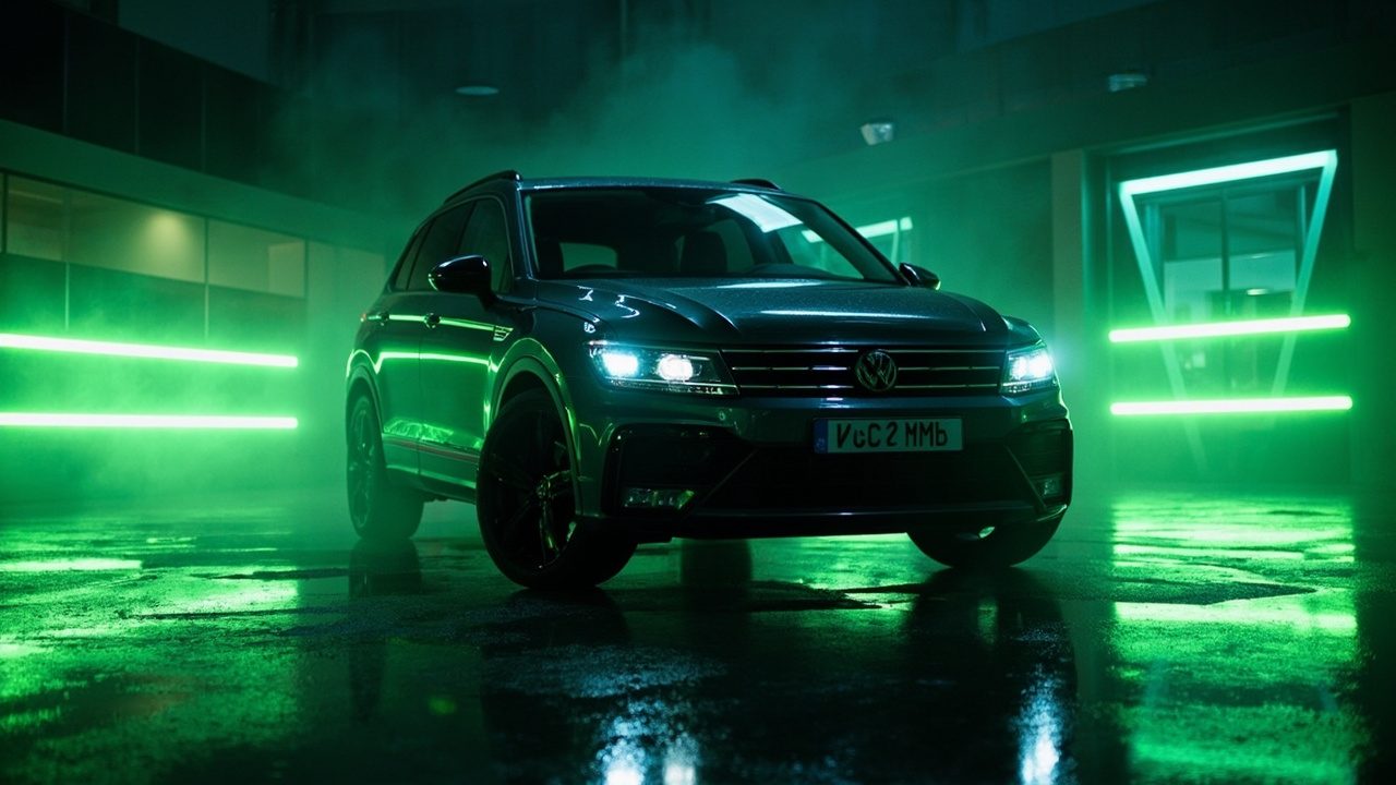 Тёмный кроссовер в showroom автосалона с неоновой подсветкой