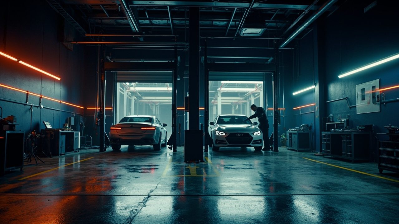 Мастерская автосервиса «Турбо»: автомобиль на подъёмнике, освещение и рабочее место мастера